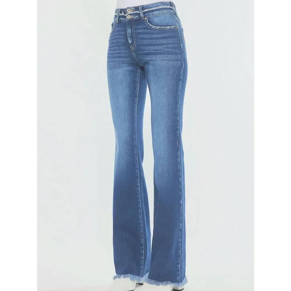 Kancan Jeans Women's 32 Blue High Rise Curvy Double Button Stretch Boho